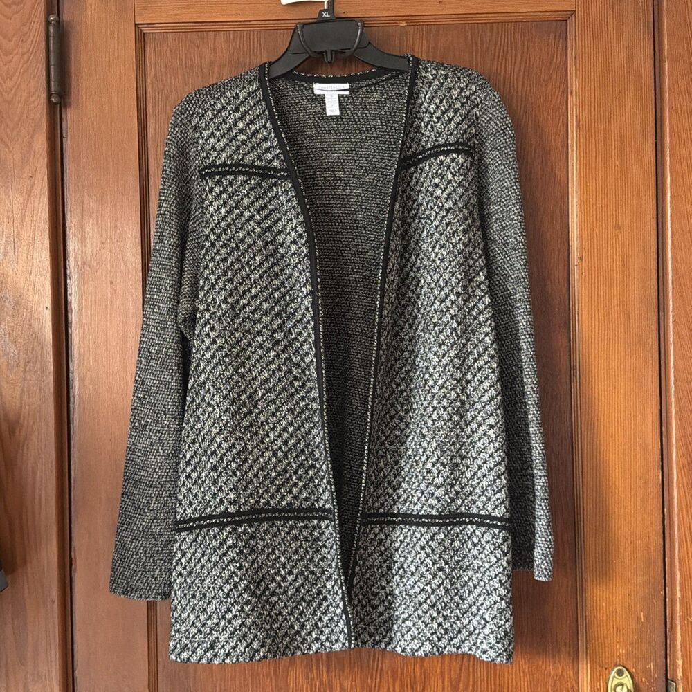 Charter Club Black Silver Geometric Cotton Knit Open Front Cardigan Sweater 1X